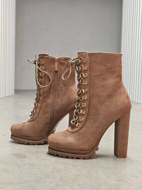 Faux Suede Lace-Up High Heel Platform Boots Taupe Womens Size 6.5